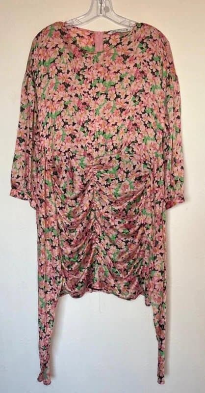 Zara Zara Printed Floral Draped chiffon Tie Ruched Mini Dress Pink Green Black large