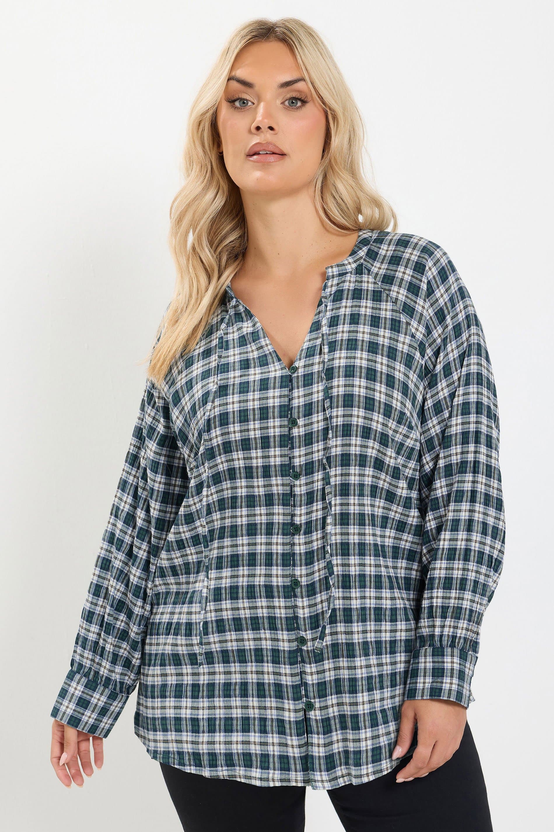 Yours Plus Size Curve Green Check Tie Neck Top