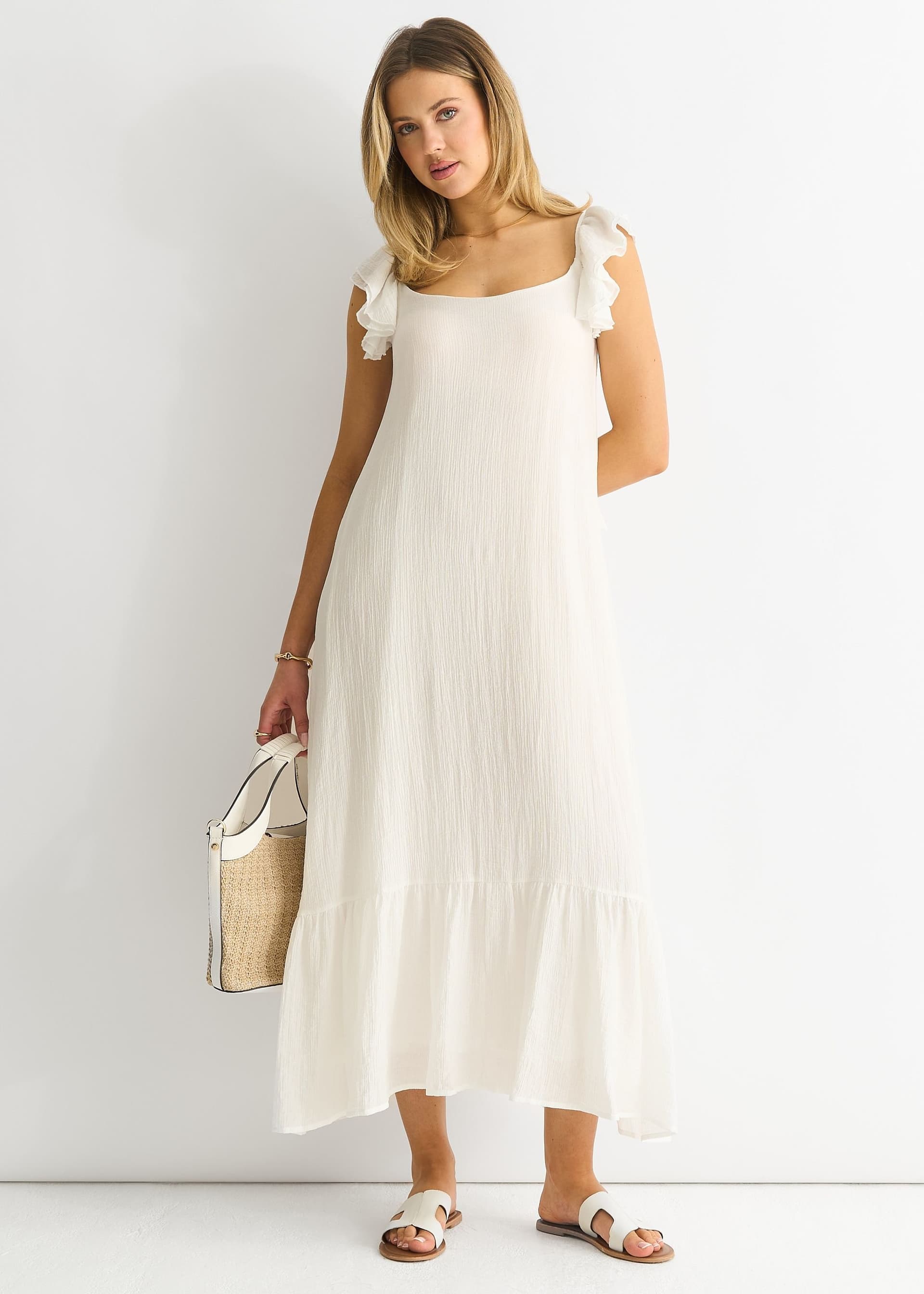 Gini London Gini London White Ruffle Short Sleeve Maxi Dress