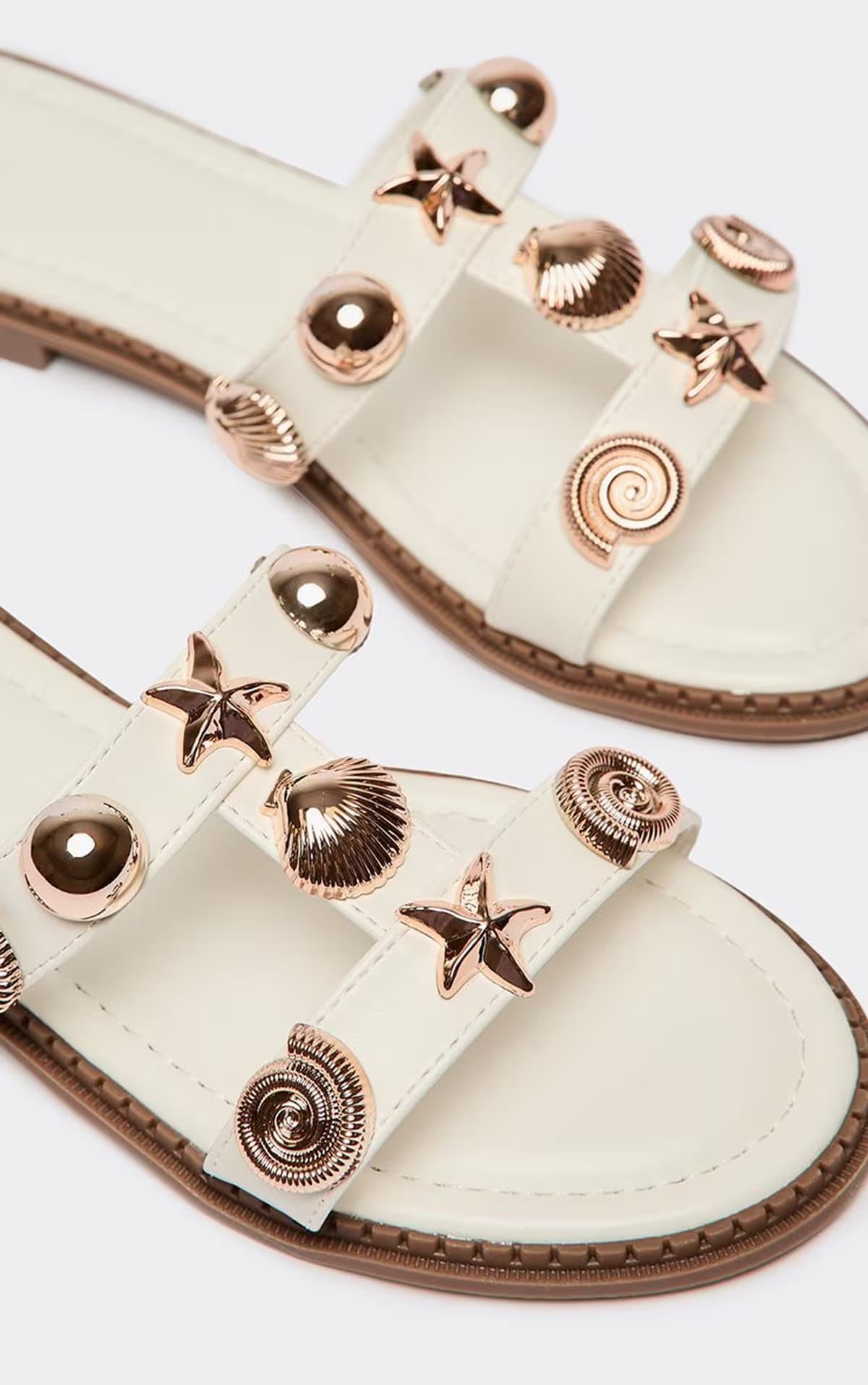 EGO Merrie Shell Detail Cut Out Cage Strap Flat Slider Sandal In White Faux Leather, Women's Size UK 4