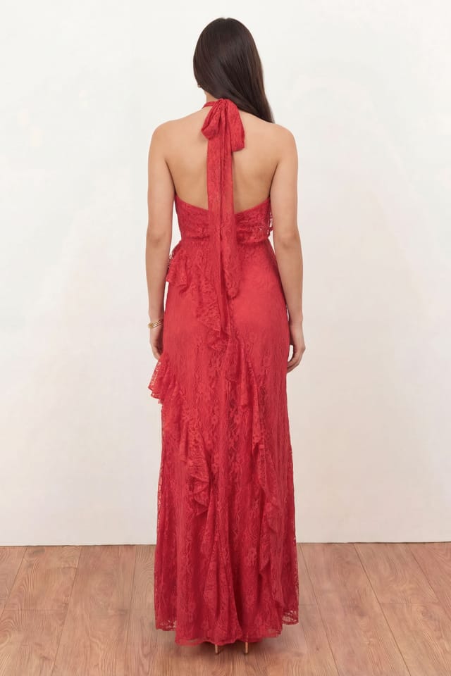 Maya Deluxe Maya Deluxe Women's Embellished Halter Neck Lace Maxi Dress in Red - 2