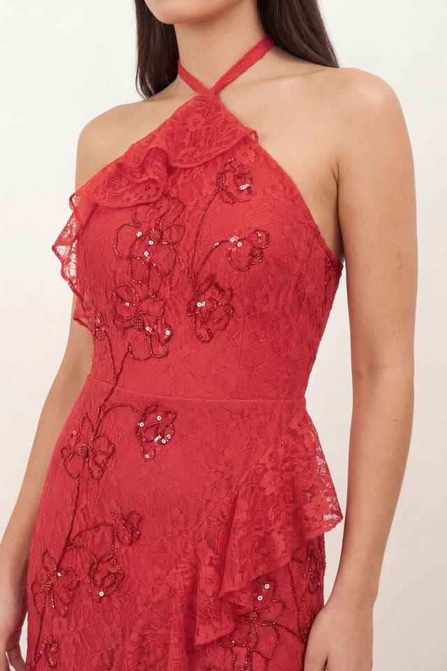 Maya Deluxe Maya Deluxe Women's Embellished Halter Neck Lace Maxi Dress in Red - 3