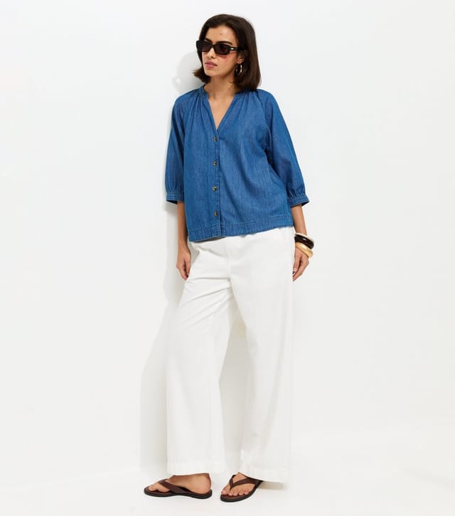 New Look Women's Blue Denim Cropped Sleeve Shirt New Look - 2