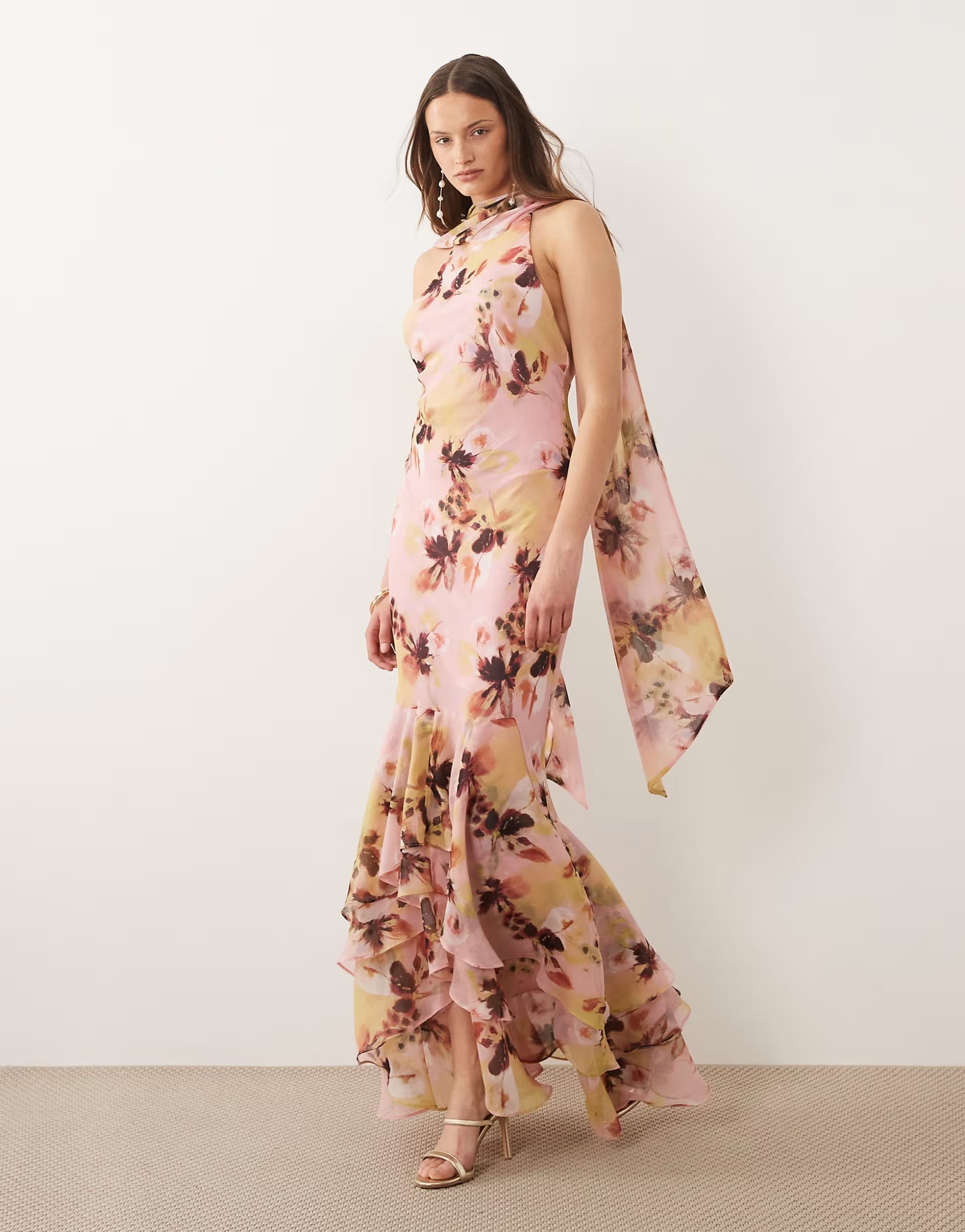 ASOS Floral Print Halter Maxi Dress With Scarf Detail And Ruffle