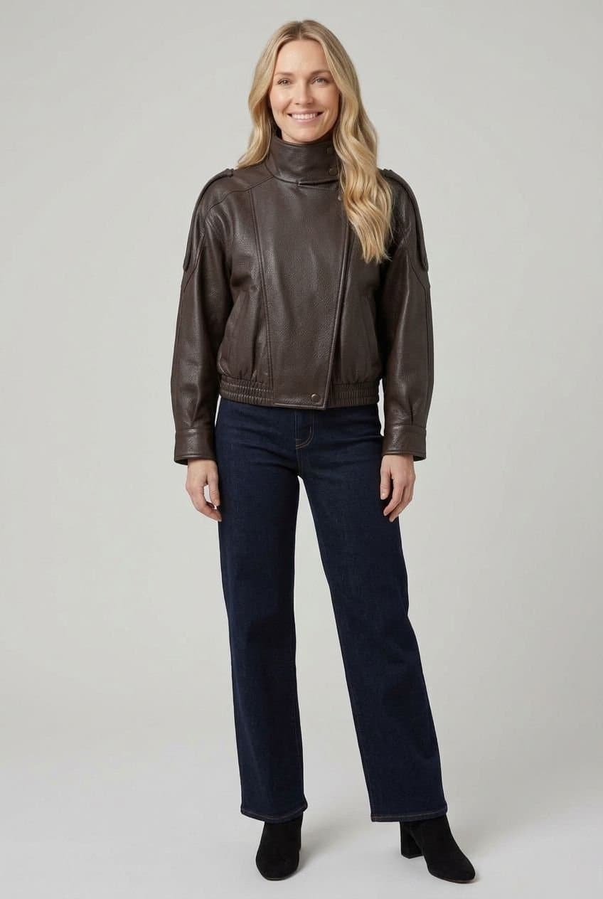 Izabel London Izabel London Women's Faux Leather Asymmetric High Neck Jacket in Dark Brown