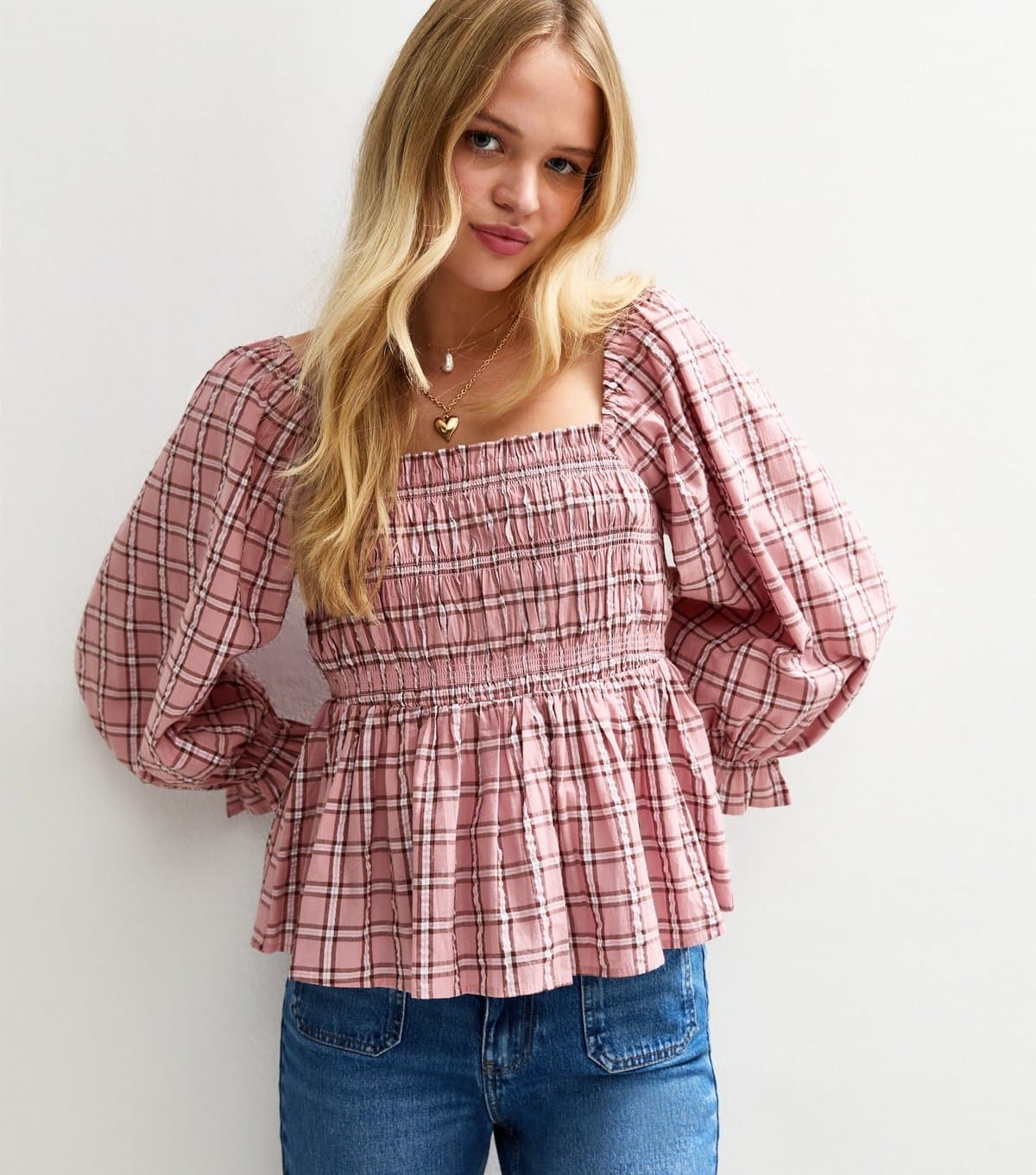 New Look Women's Pink Shirred Checked Frilly Trim Top New Look