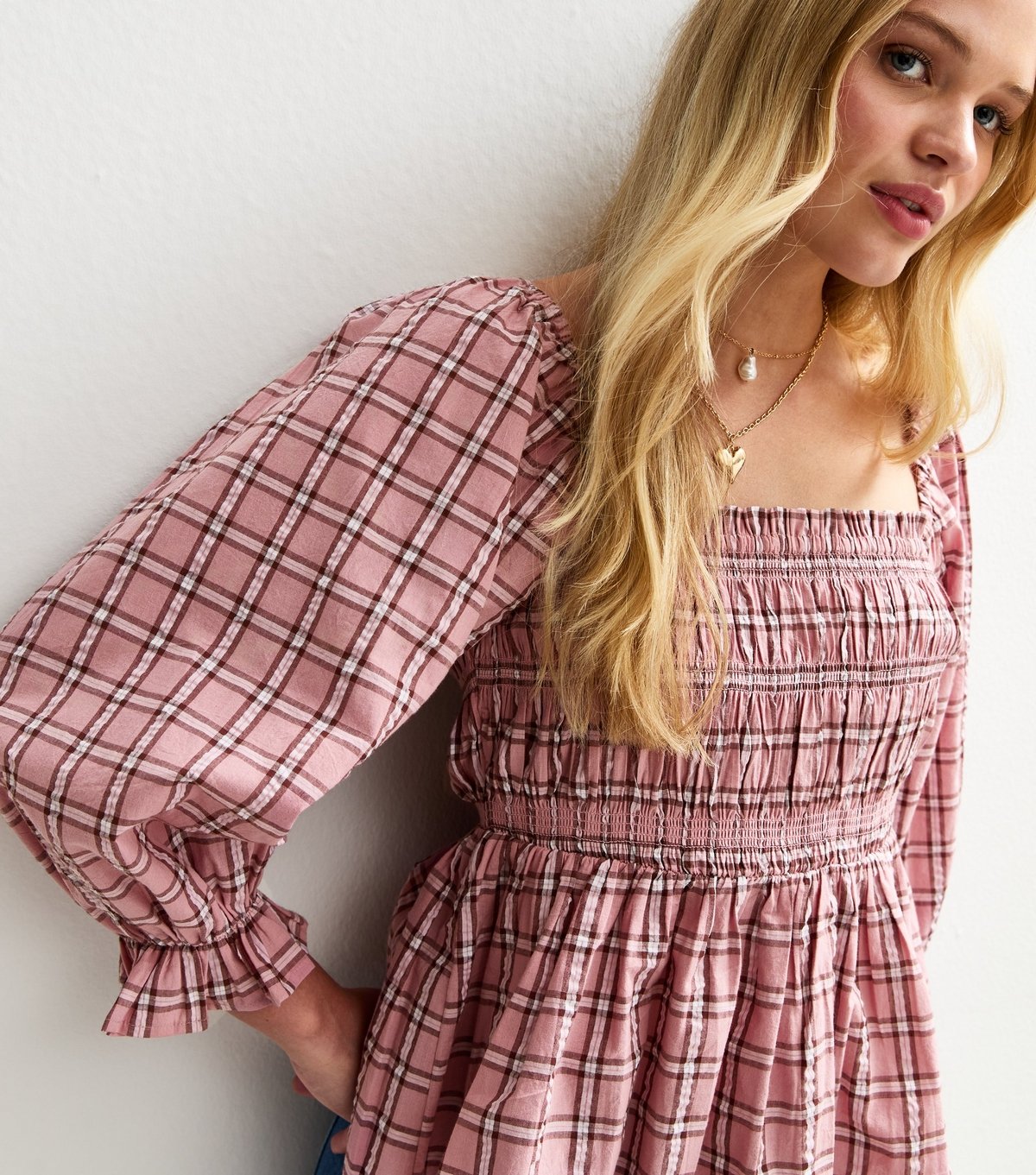 New Look Women's Pink Shirred Checked Frilly Trim Top New Look - 2