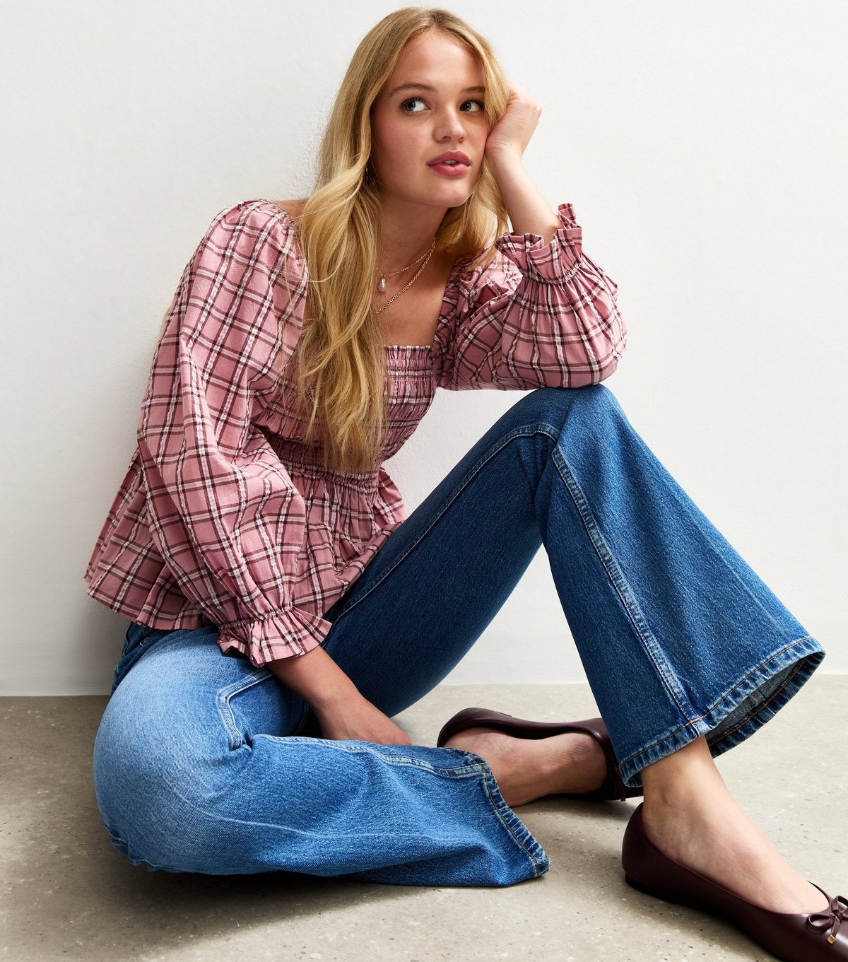 New Look Women's Pink Shirred Checked Frilly Trim Top New Look - 3