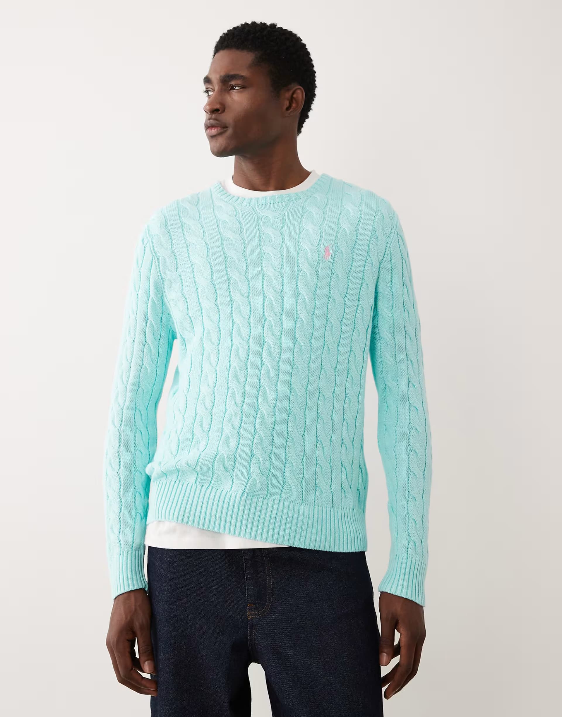 ASOS Polo Ralph Lauren long sleeve icon logo cable knit sweatshirt in turquoise