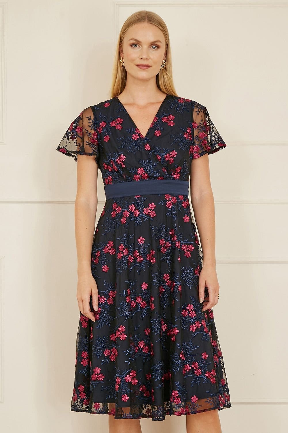 Yumi Yumi Women's Navy Embroidered Floral Mesh Wrap Midi Skater Dress - 1