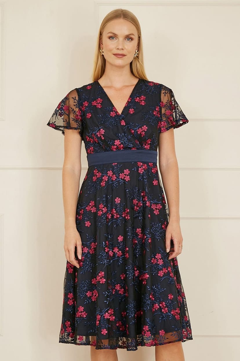 Yumi Yumi Women's Navy Embroidered Floral Mesh Wrap Midi Skater Dress - 1