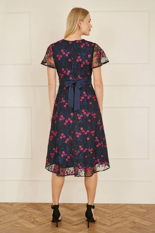 Yumi Yumi Women's Navy Embroidered Floral Mesh Wrap Midi Skater Dress - 3