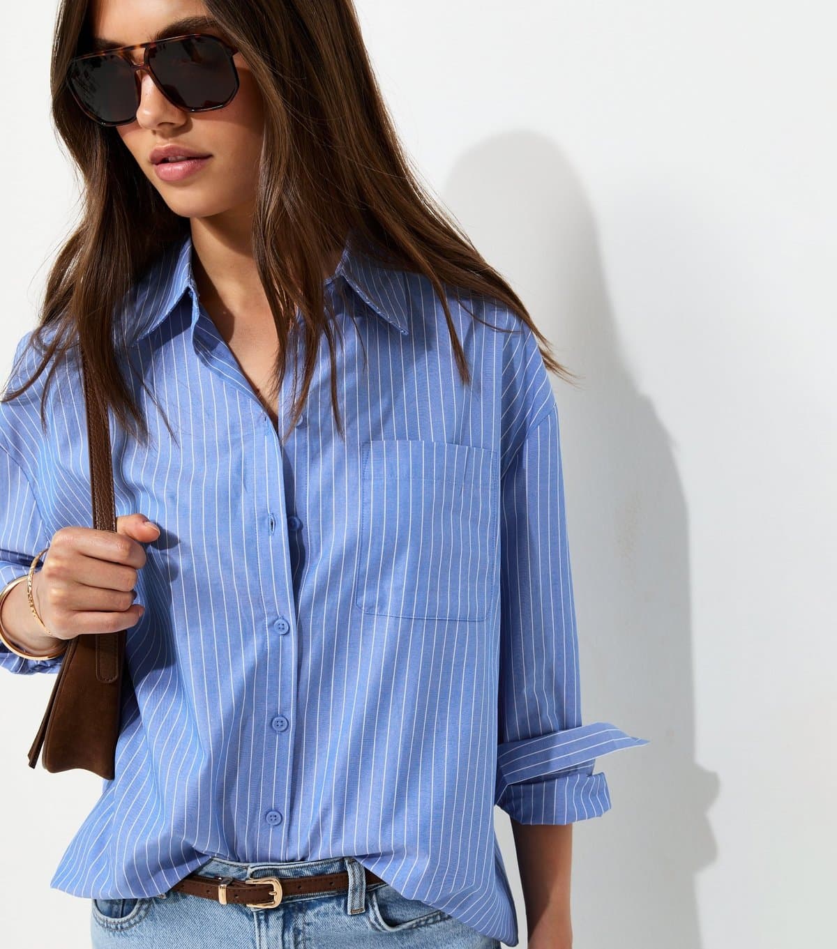 New Look Women's Blue Cotton Striped Oversized Shirt New Look