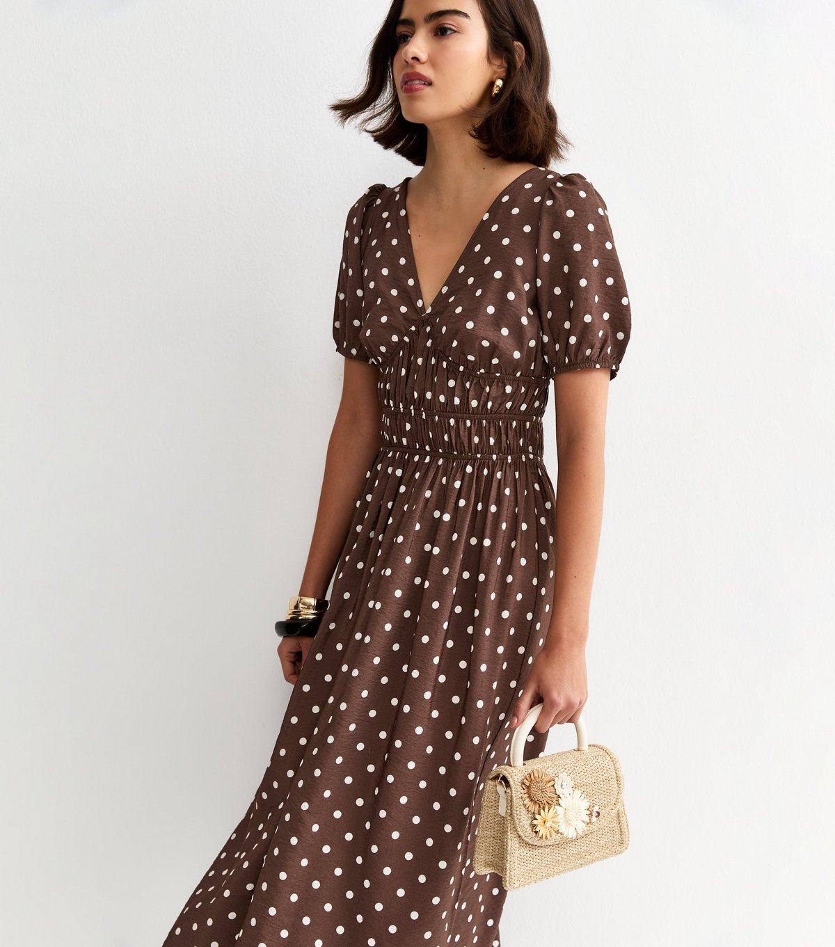 New Look Women's Brown Polka Dot Ruched Waist Midi Dress New Look - 3