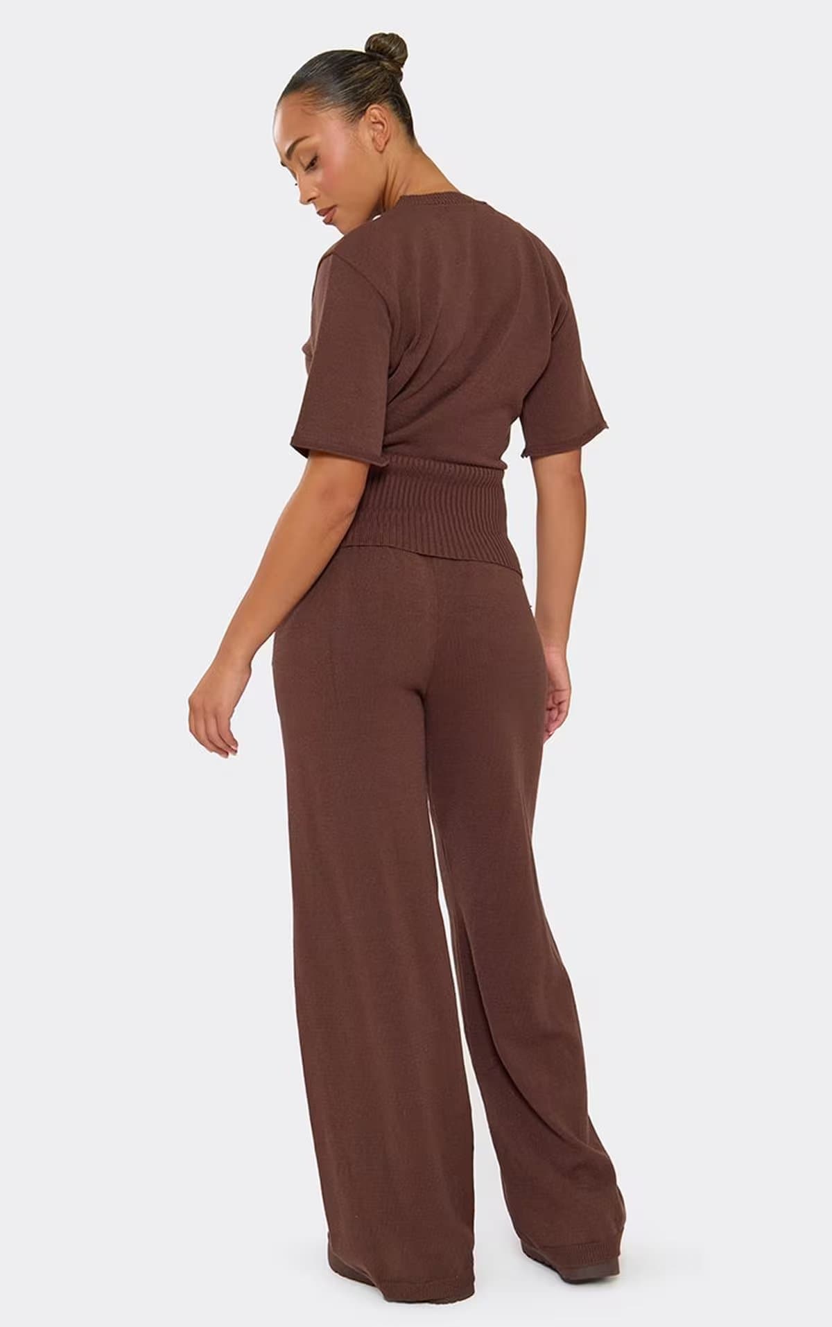EGO Mid Rise Pocket Detail Straight Leg Trousers In Chocolate Brown Soft Knit, Women's Size UK S