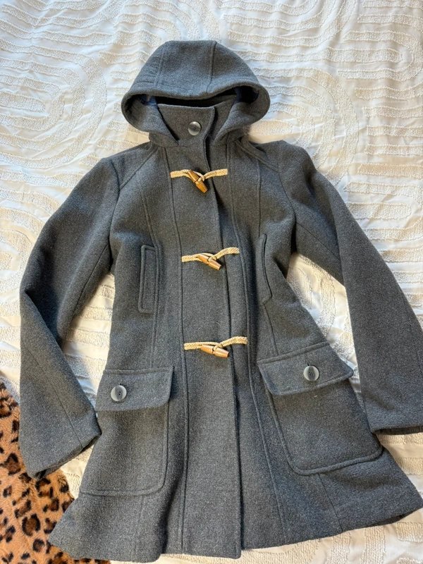 New Look Grey old label new look y2k wool blend button up funnel neck hooded pea trench coat - 1