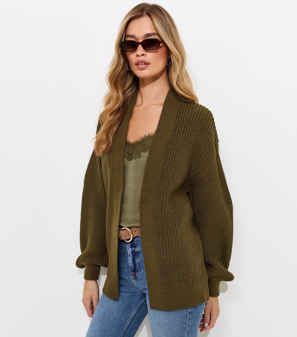 New Look Women's Tall Dark Khaki Chunky Knit Balloon Sleeve Cardigan New Look