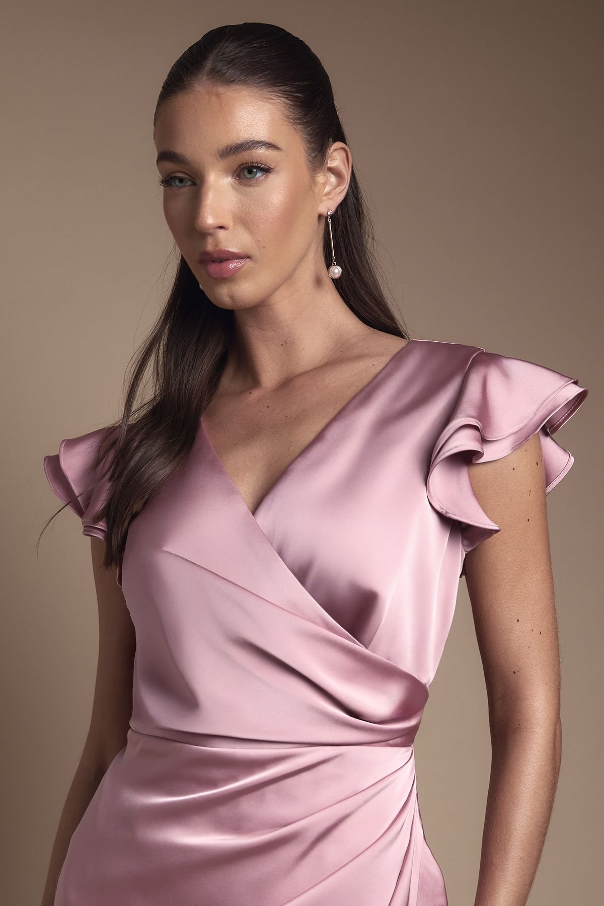 Coast Coast Women's Wrap Front Frill Hem Cap Sleeve Bridesmaid Dress in Antique Rose - 4