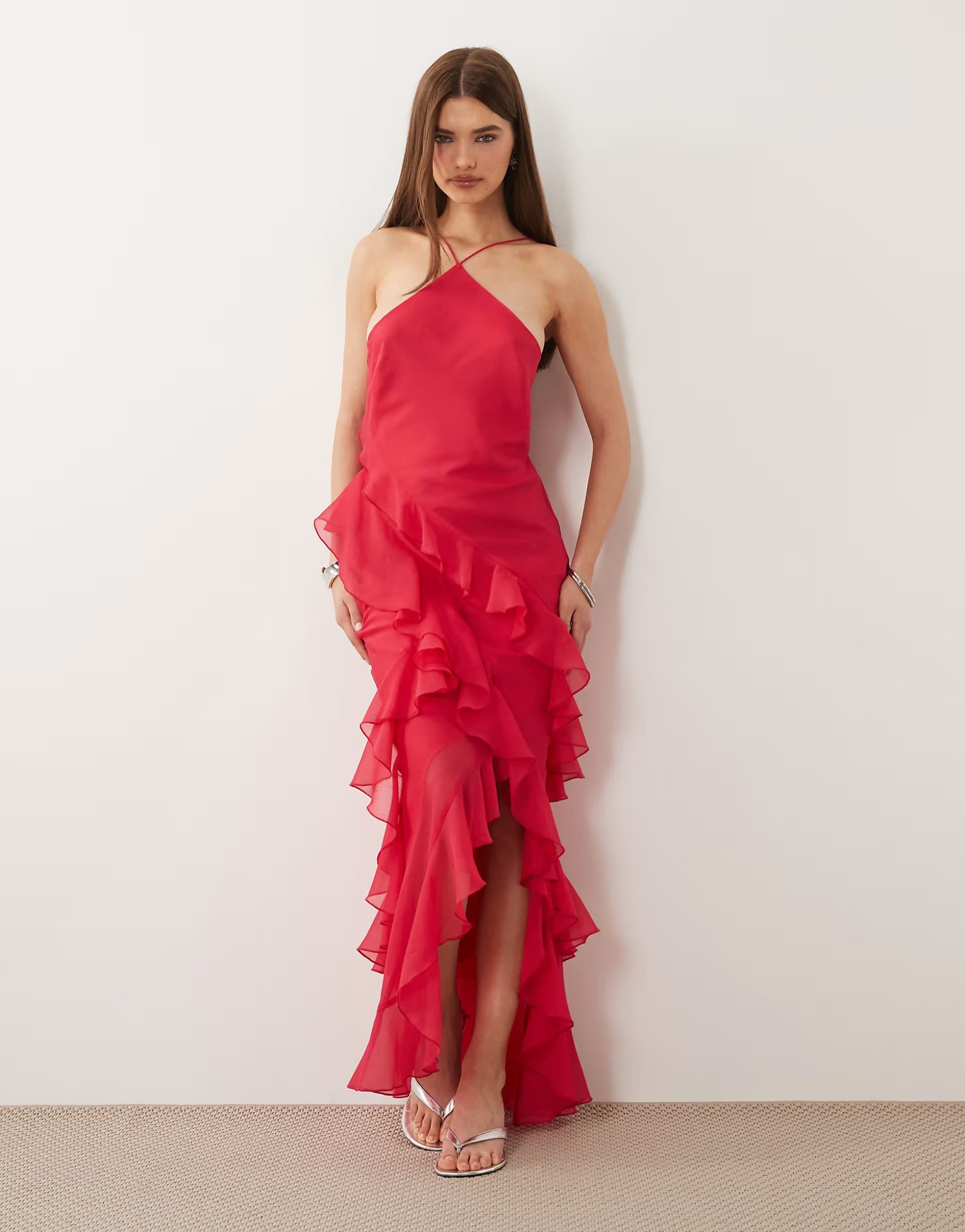 ASOS ASOS DESIGN bias cut maxi dress with full hem cut ruffles and high-low hem pink