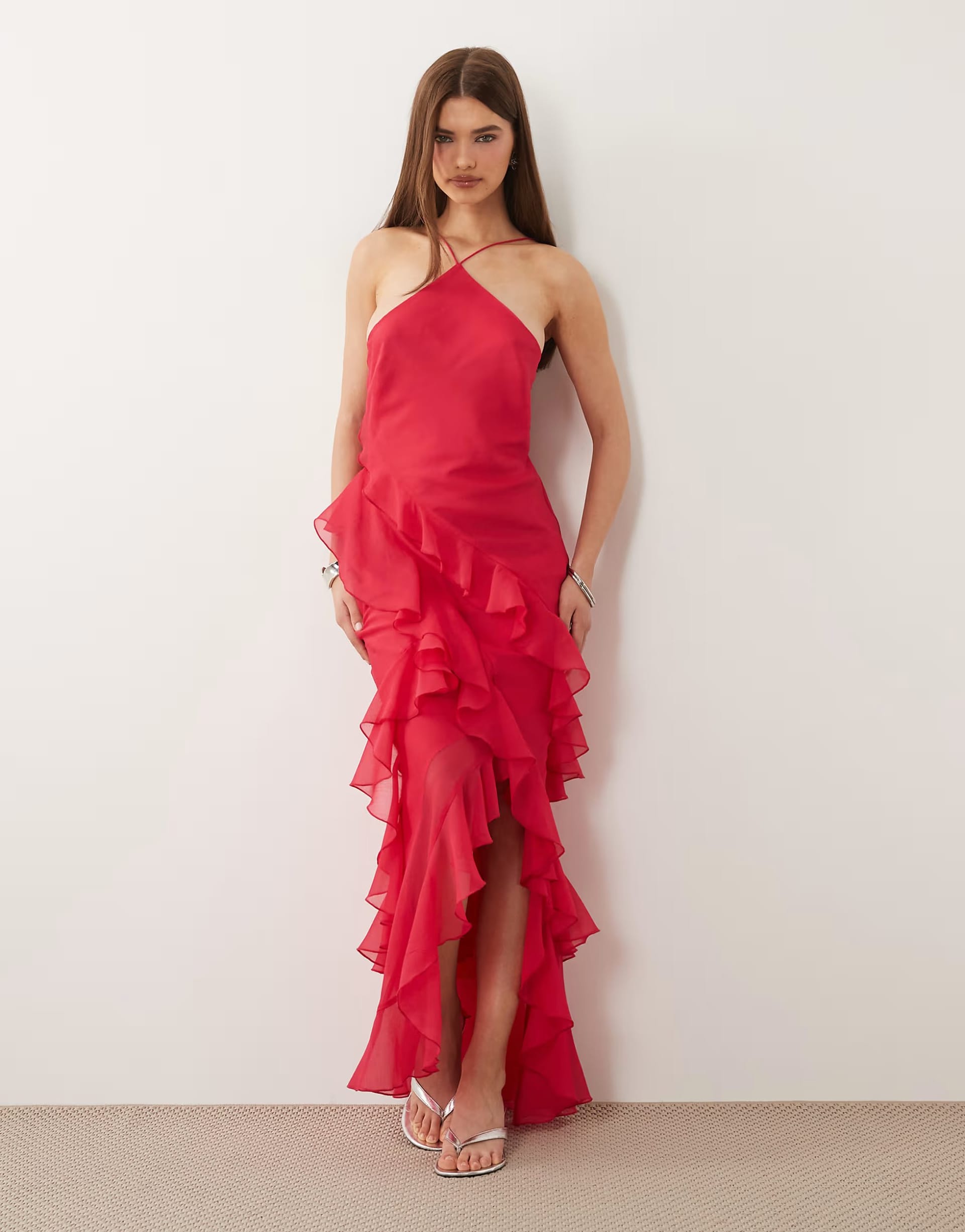 ASOS DESIGN Pink Bias Cut Maxi Dress with Ruffles