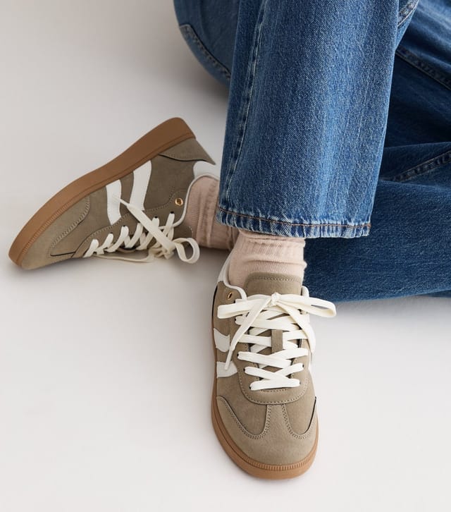 New Look Women's Dark Khaki Faux Suede and Leather Panel Gum Sole Trainers Vegan New Look - 2