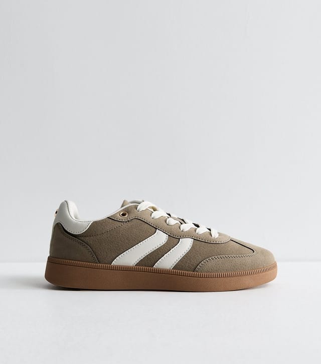 New Look Women's Dark Khaki Faux Suede and Leather Panel Gum Sole Trainers Vegan New Look - 3