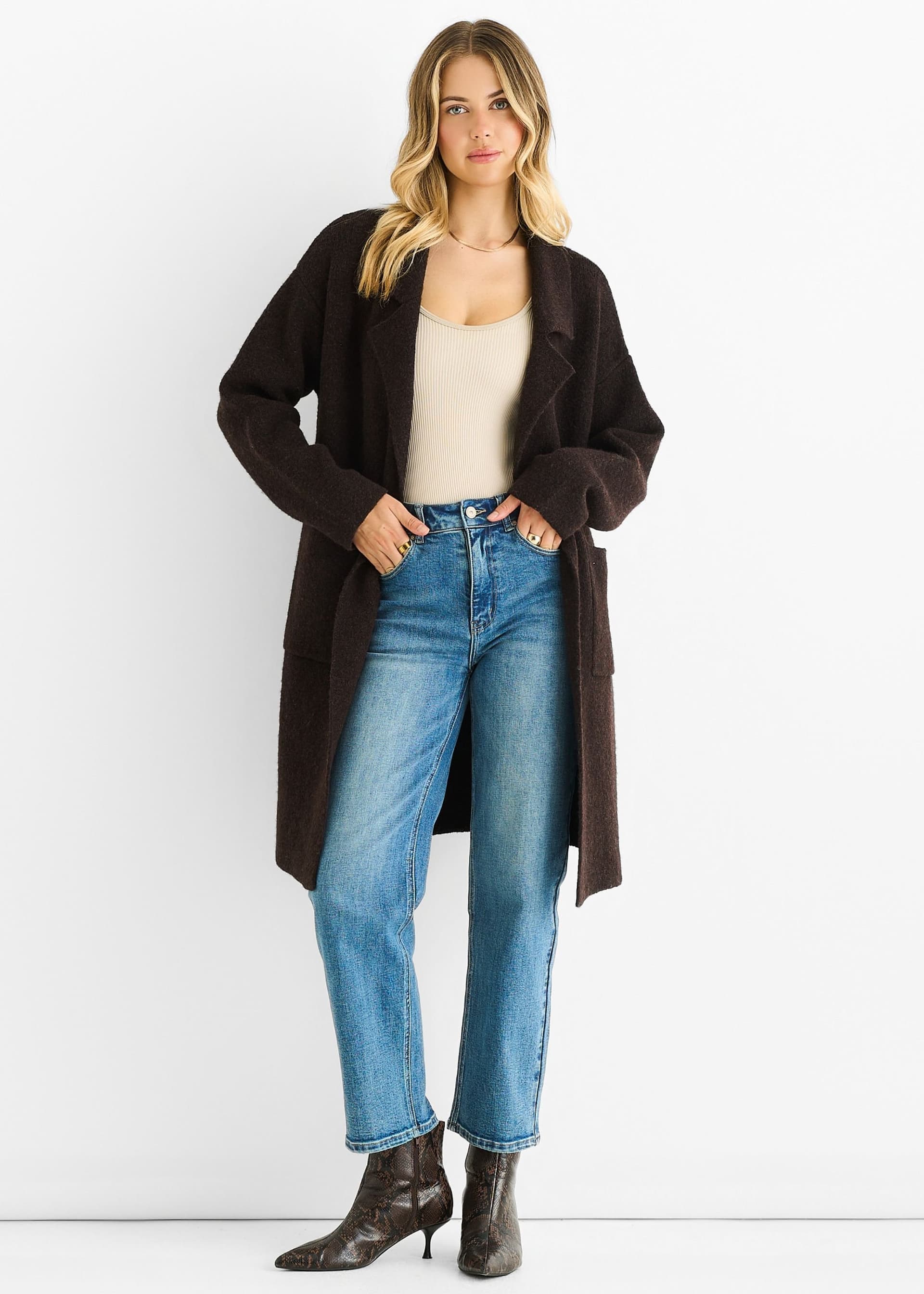 Gini London Gini London Women's Chocolate Wool Mix Longline Edge to Edge Cardigan