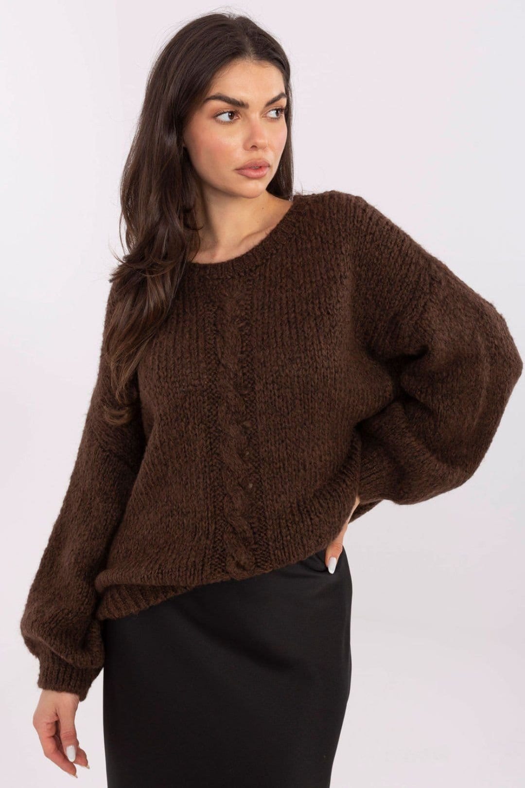 Love Lace Brown Loose Textured Puff Sleeve Sweater