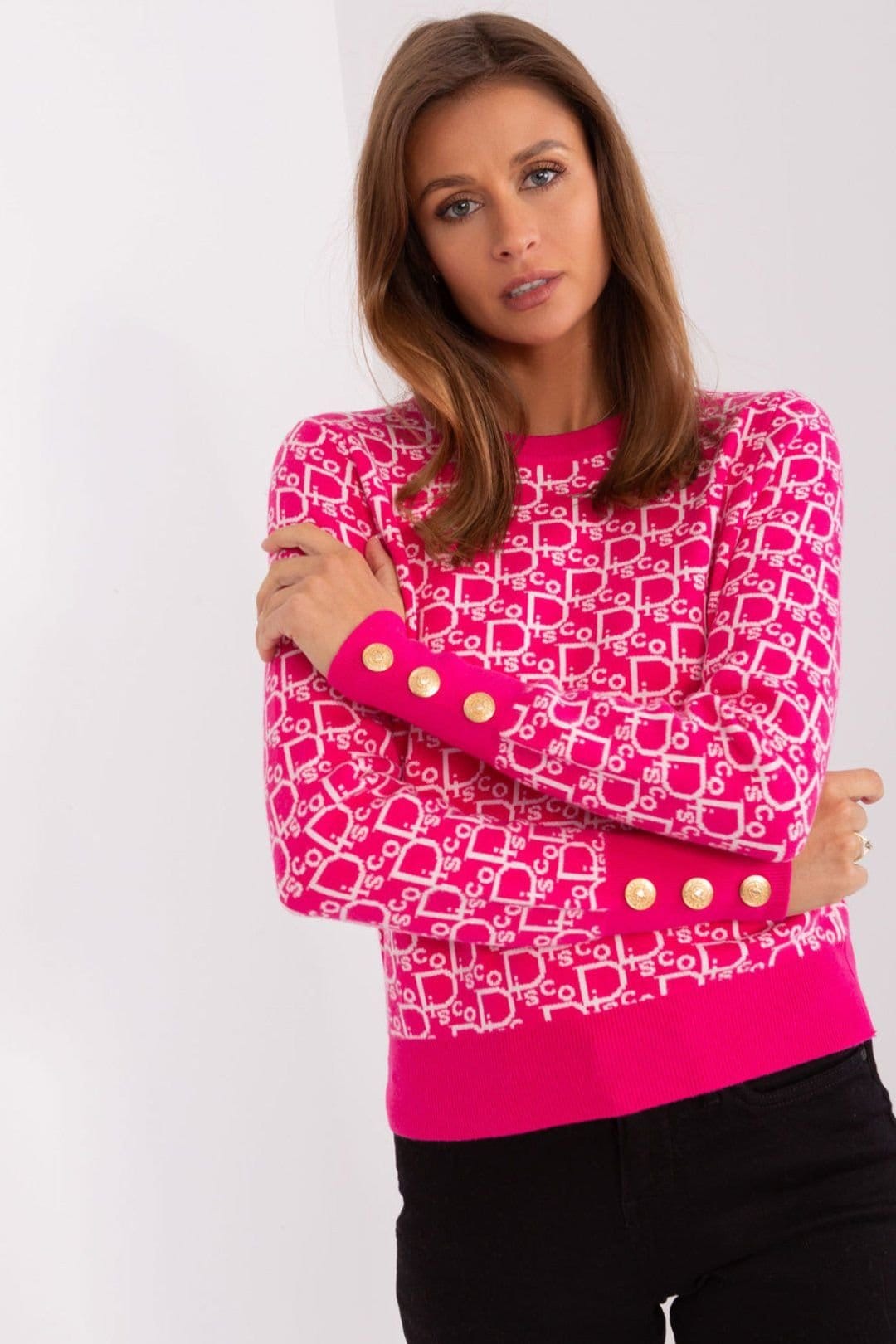 Love Lace Pink Round Neck Long Sleeve Sweater with Button Cuffs