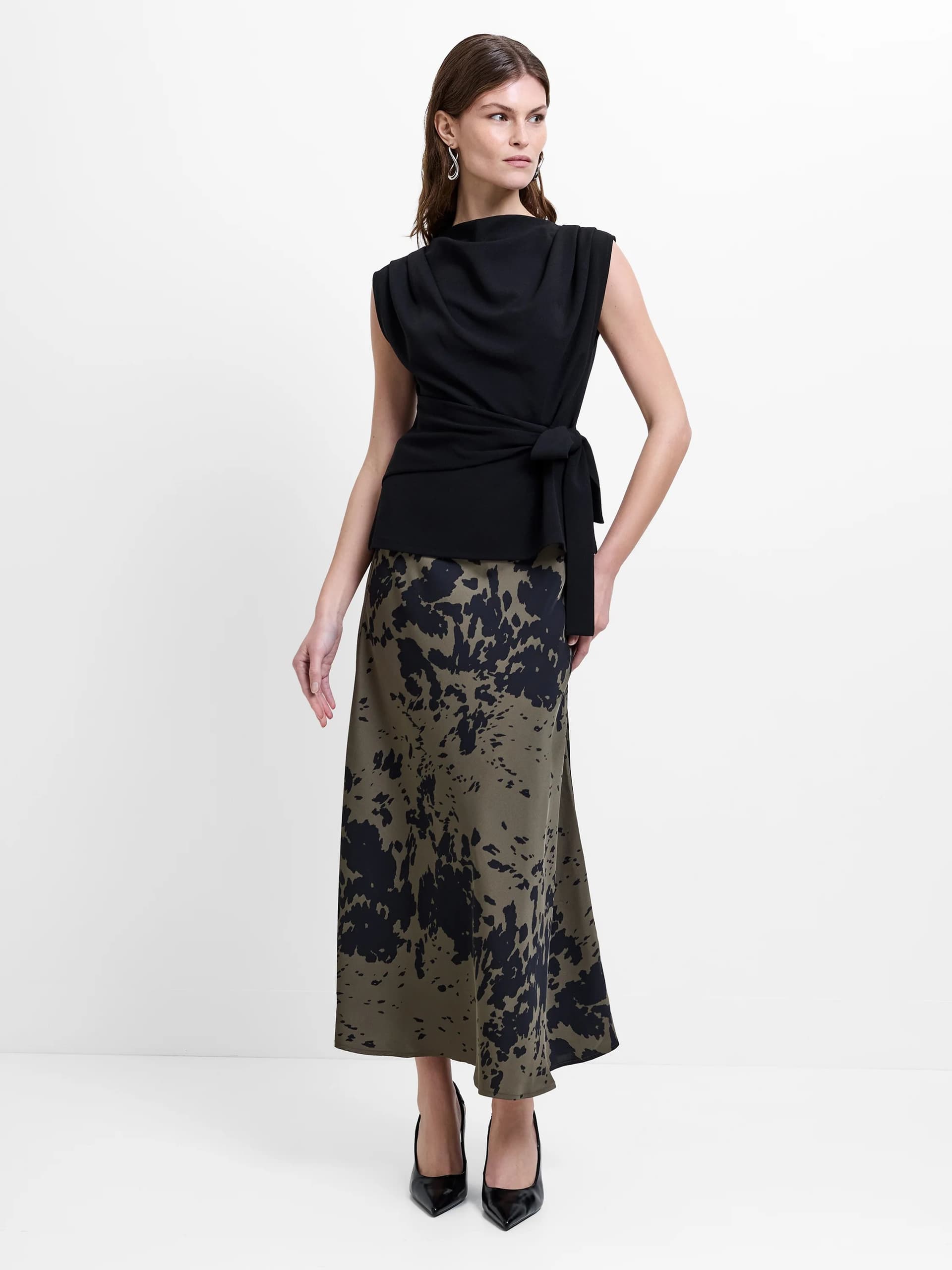French Connection French Connection Khaki Green Satin Midi Skirt