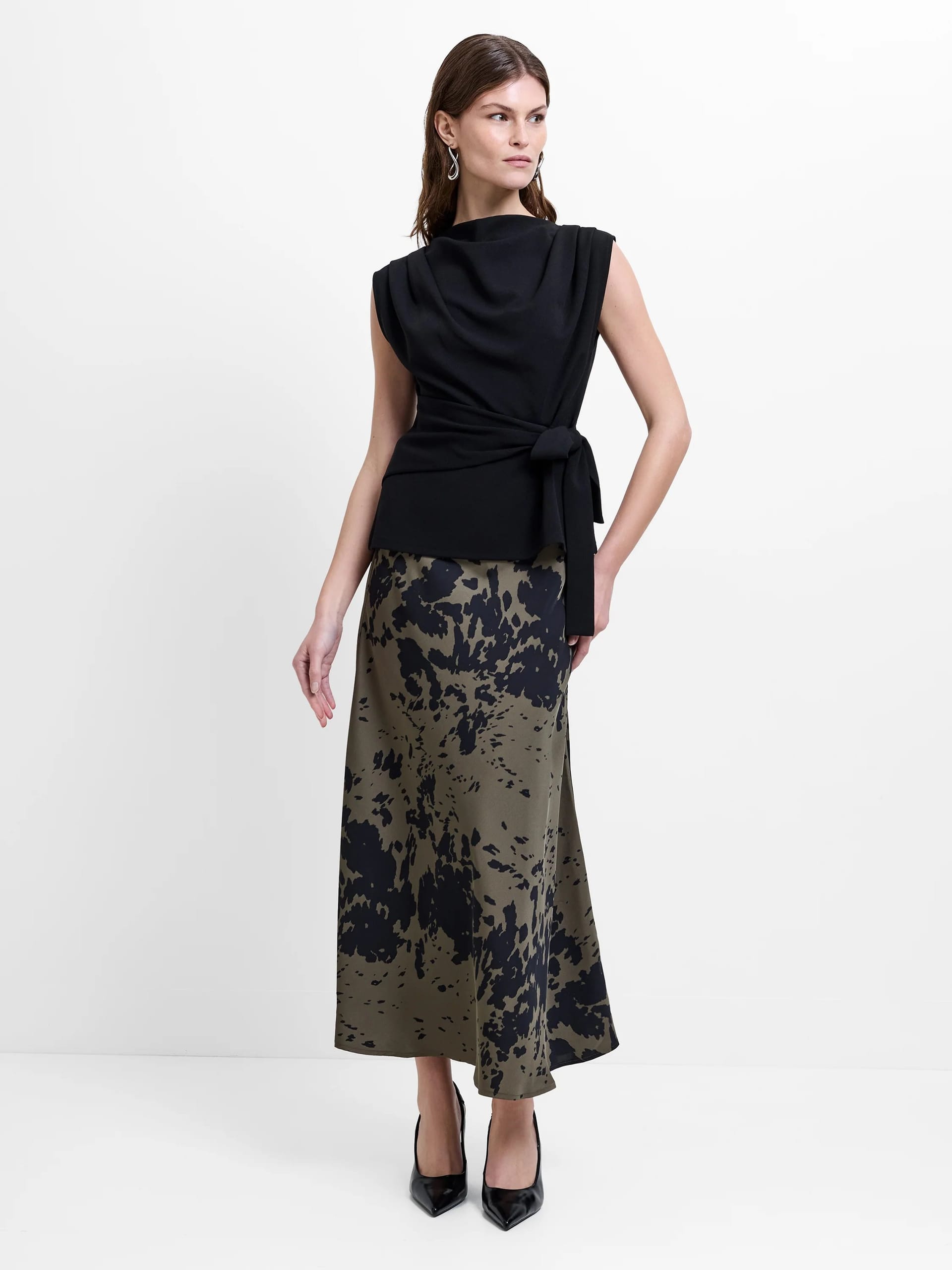 French Connection Khaki Green Satin Midi Skirt