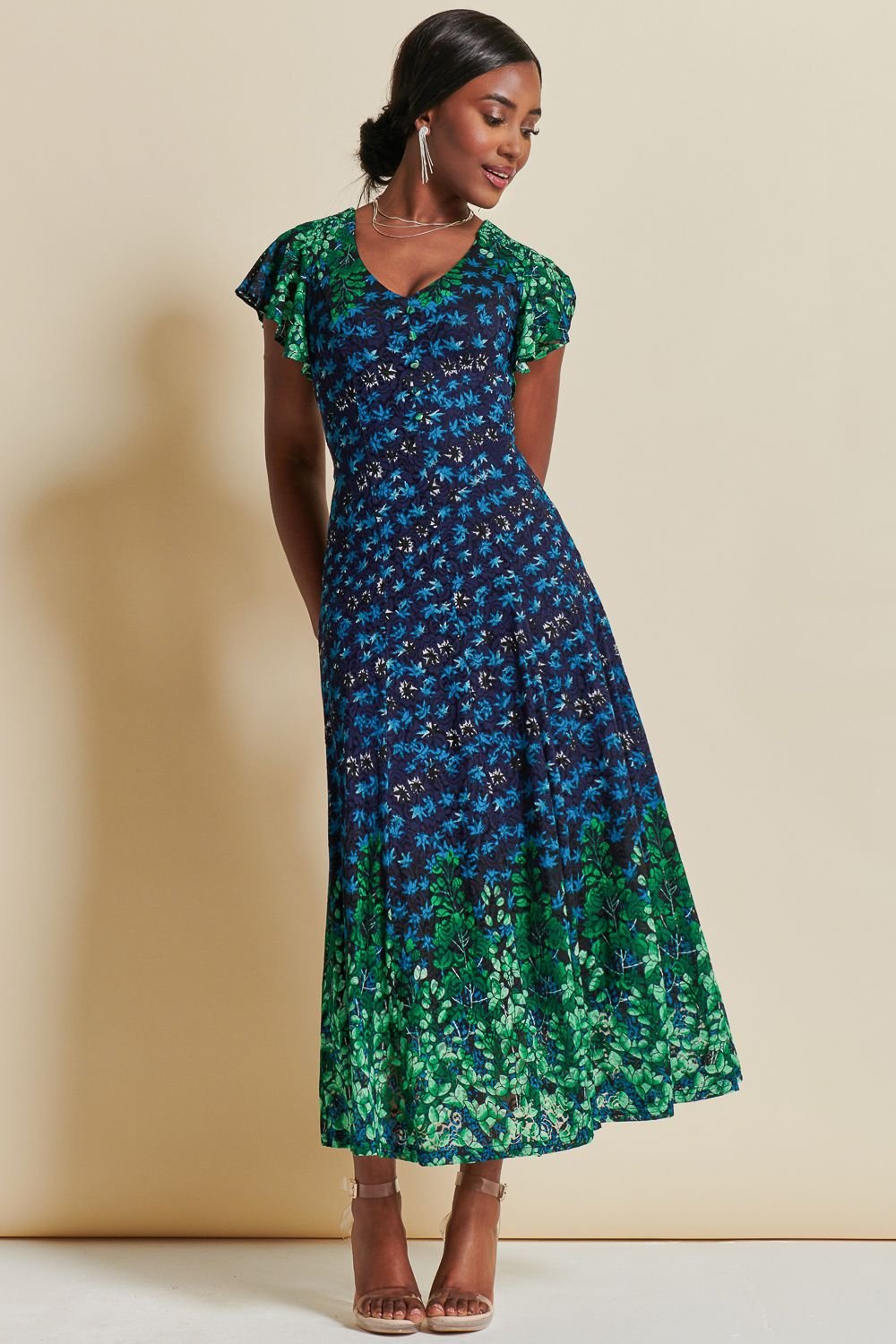 Jolie Moi Jolie Moi Women's Mirrored Print Lace Maxi Dress in Green - 2