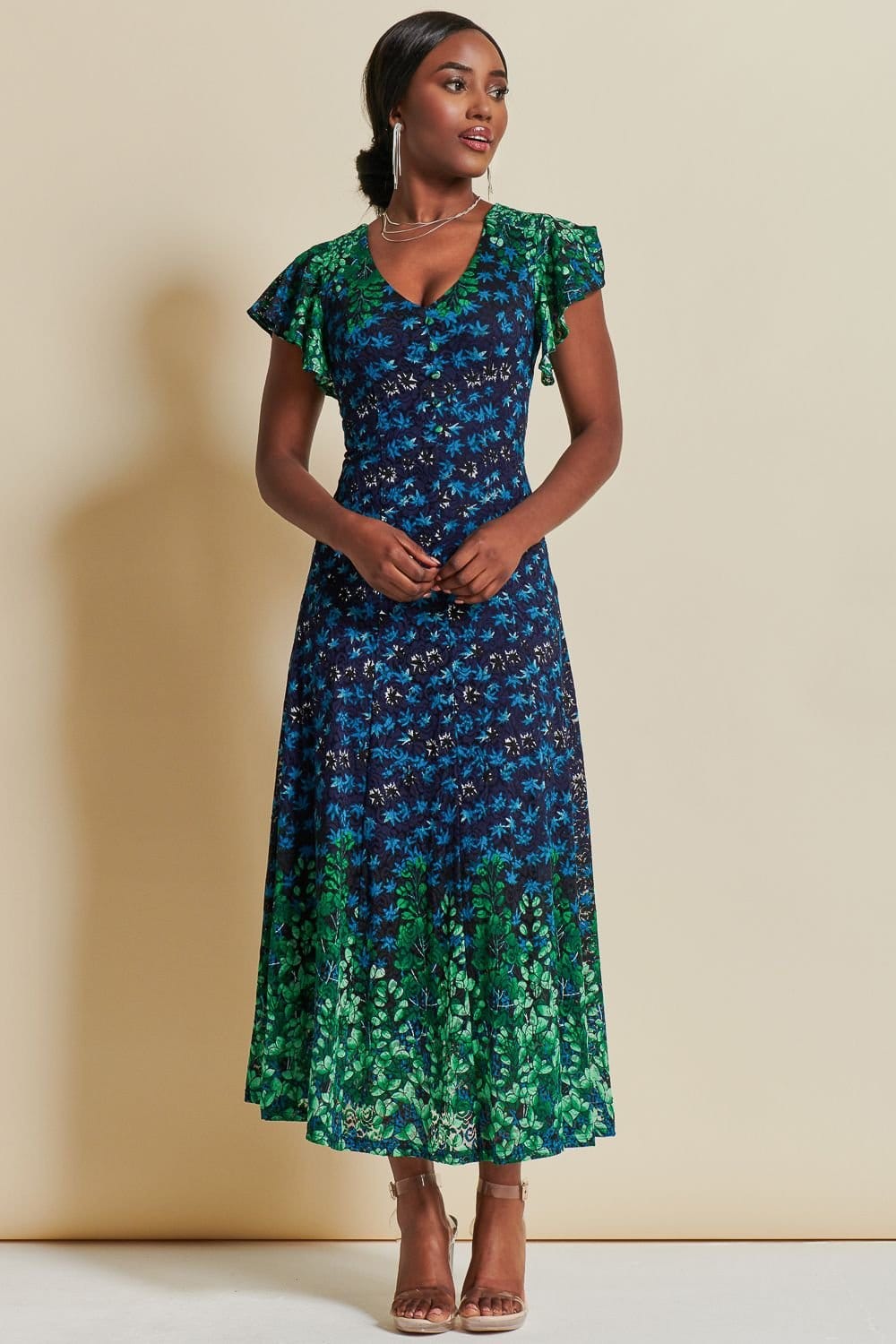 Jolie Moi Jolie Moi Women's Mirrored Print Lace Maxi Dress in Green - 4