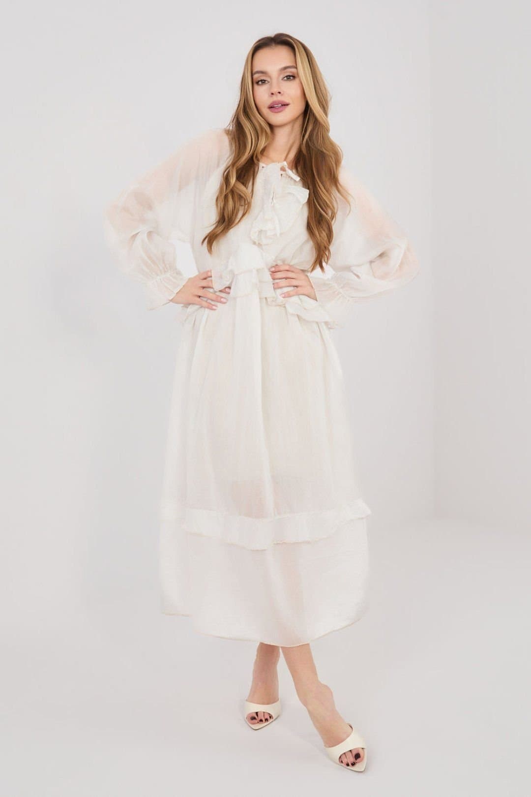 Love Lace Love Lace Women's Boho Viscose Midi Dress with Jabot Neckline in Off-White
