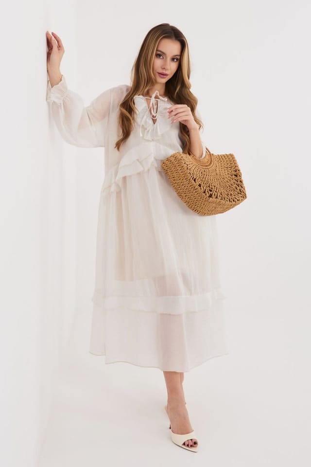 Love Lace Love Lace Women's Boho Viscose Midi Dress with Jabot Neckline in Off-White - 2