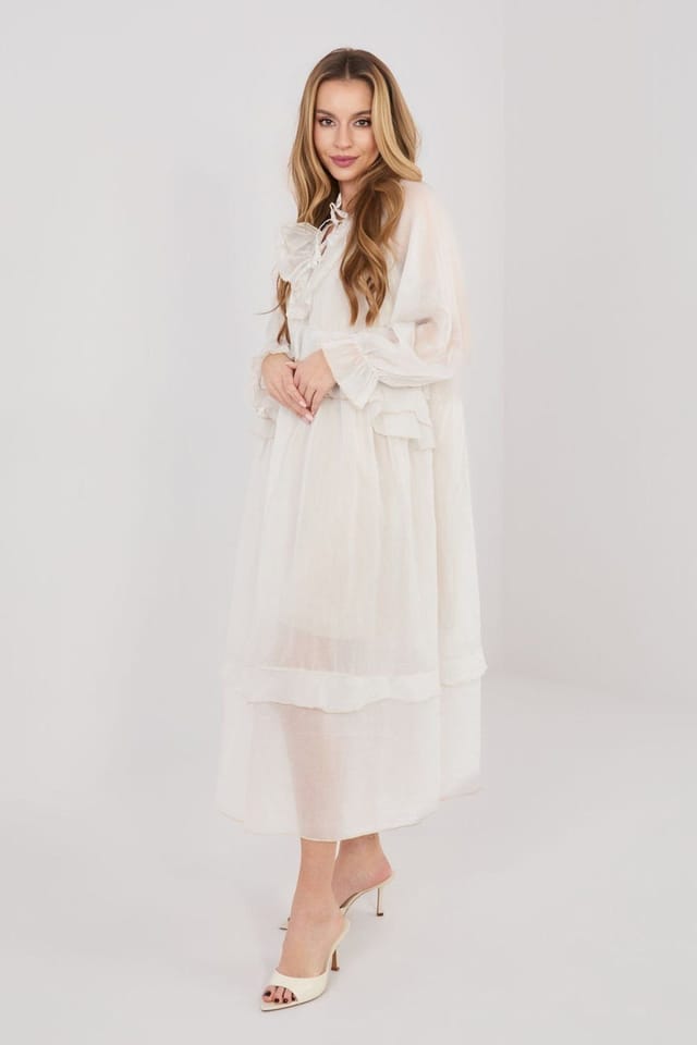 Love Lace Love Lace Women's Boho Viscose Midi Dress with Jabot Neckline in Off-White - 3