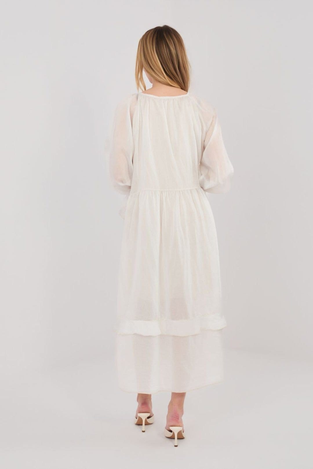 Love Lace Love Lace Women's Boho Viscose Midi Dress with Jabot Neckline in Off-White - 4