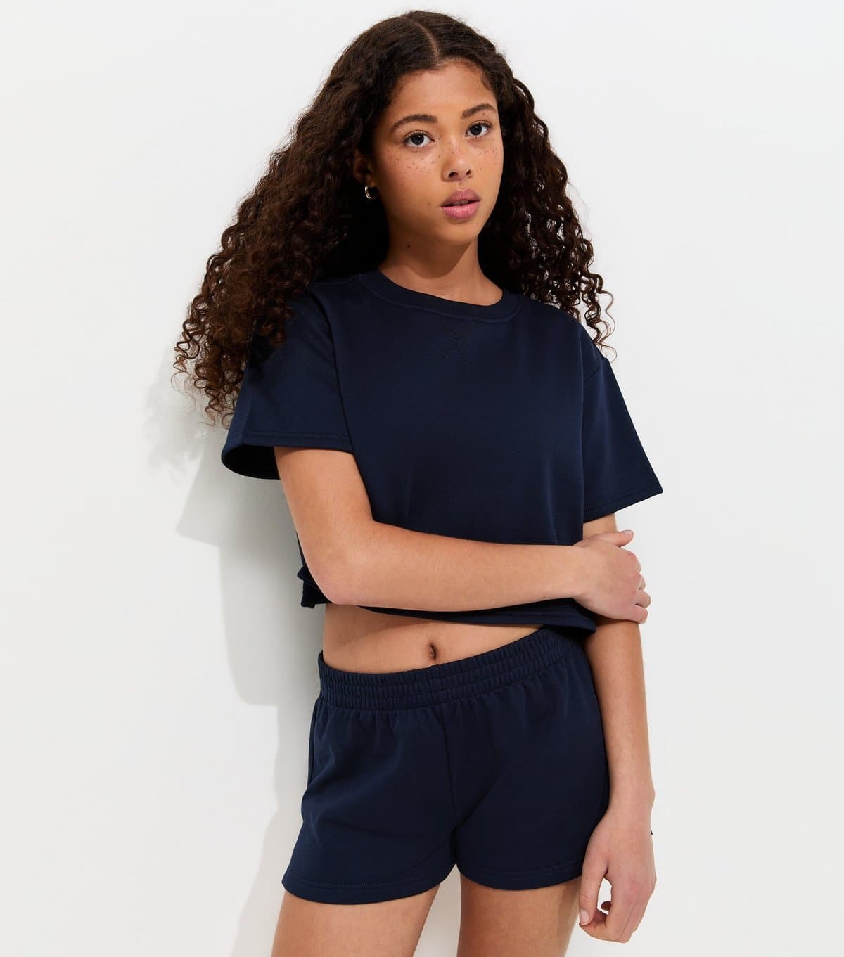 New Look New Look Navy Blue Short Sleeve Cropped Sweatshirt Top For Girls