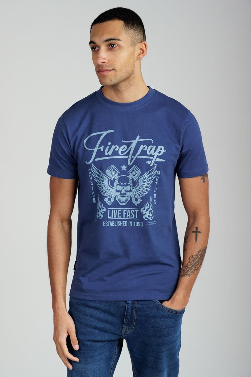 Firetrap Firetrap Men's Regular Fit Cotton Graphic Crew T-Shirt in Dark Blue