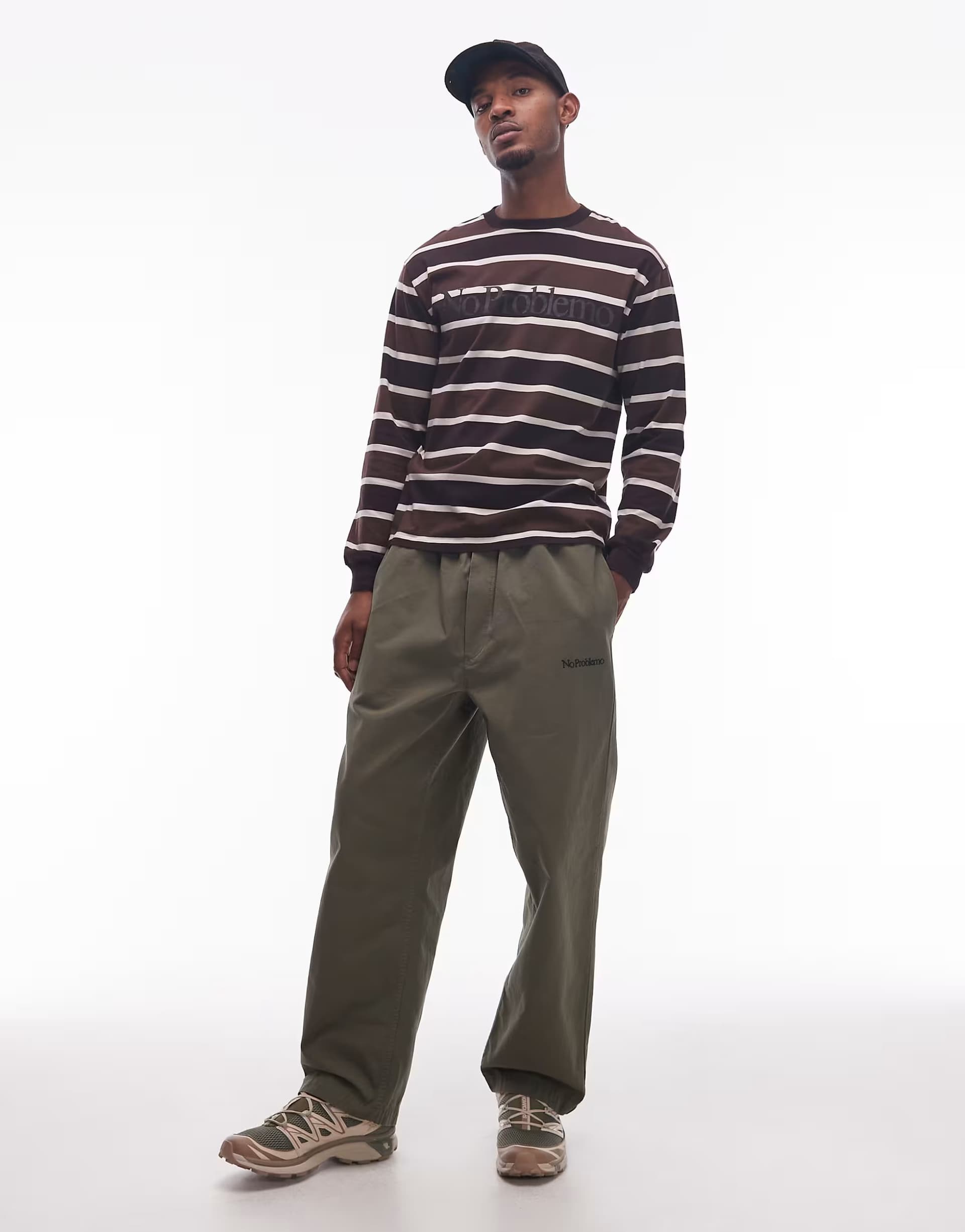 ASOS No Problemo mini logo ripstop pull on cotton trousers in khaki