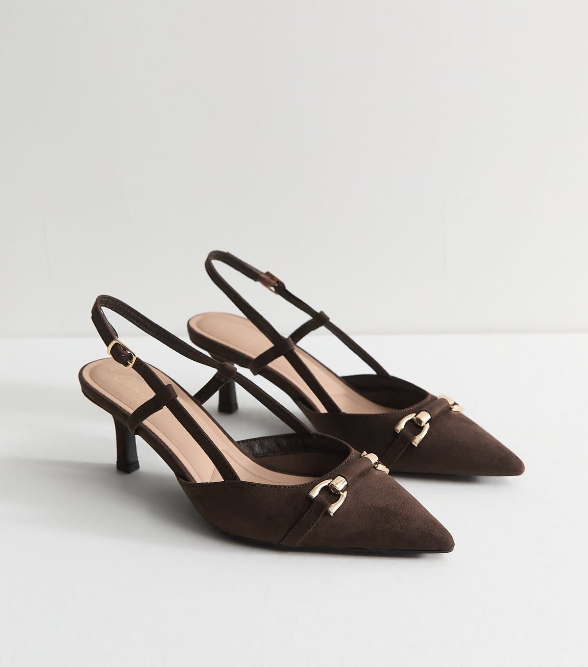 New Look Women's Dark Brown Faux Suede Horsebit Detail Slingback Pumps Vegan New Look