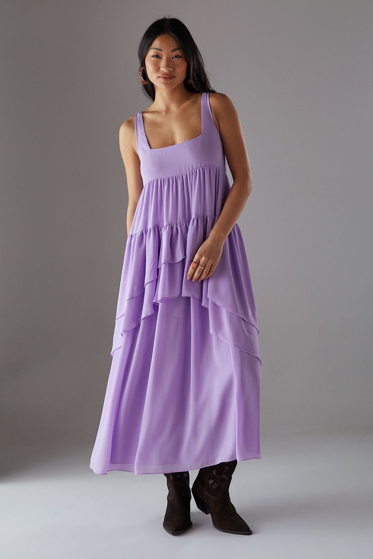 Warehouse Warehouse Women's Petite Chiffon Ruffle Tier Smock Midi Sundress in Lilac - 2