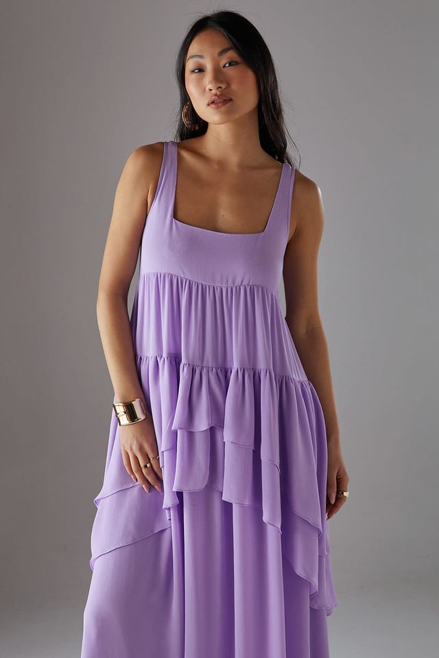Warehouse Warehouse Women's Petite Chiffon Ruffle Tier Smock Midi Sundress in Lilac - 2
