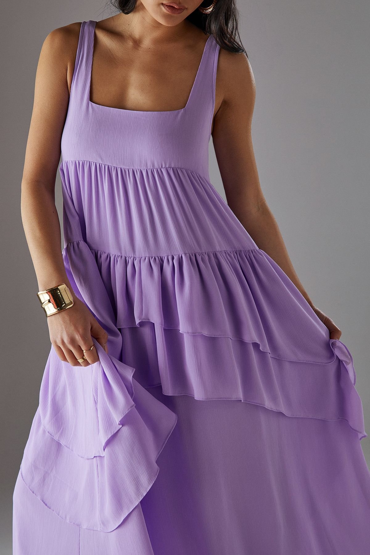 Warehouse Warehouse Women's Petite Chiffon Ruffle Tier Smock Midi Sundress in Lilac - 3