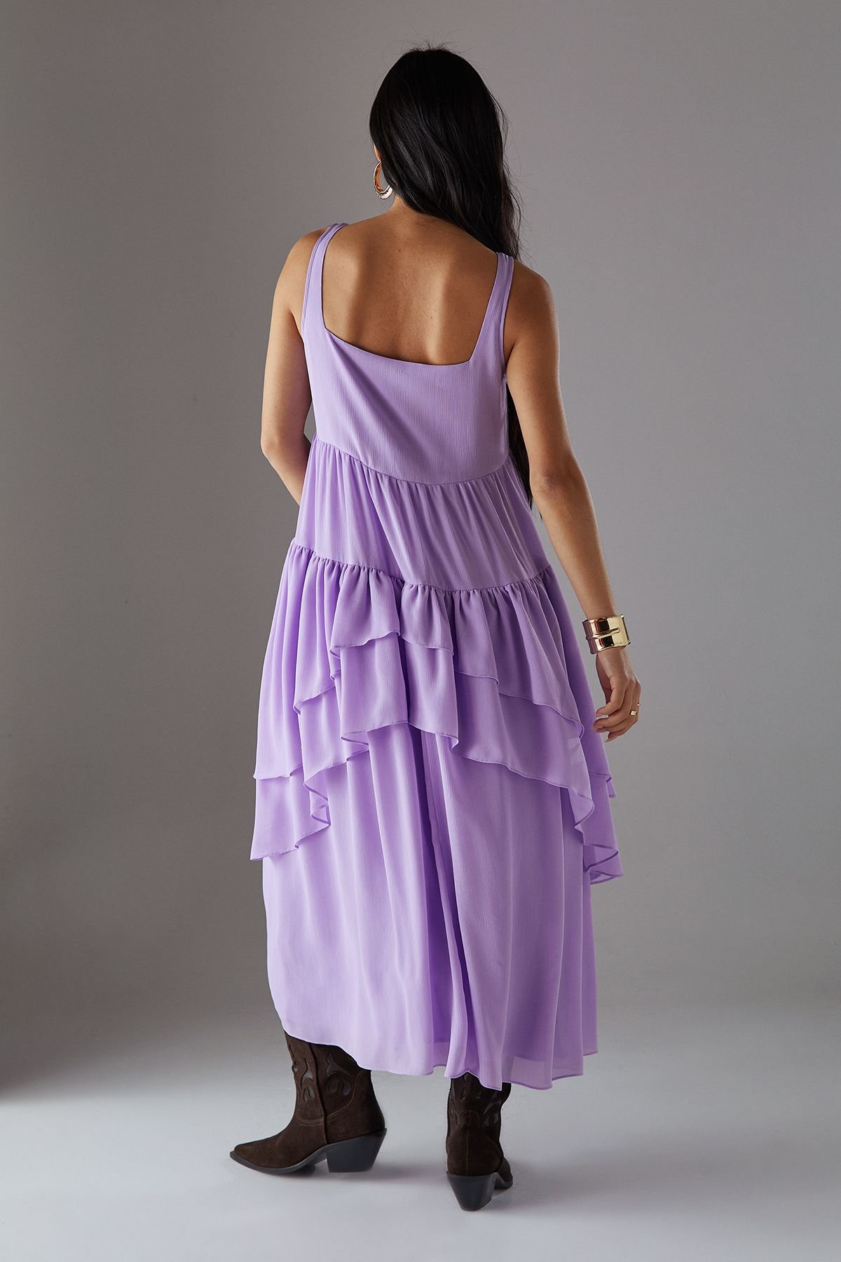 Warehouse Warehouse Women's Petite Chiffon Ruffle Tier Smock Midi Sundress in Lilac - 4