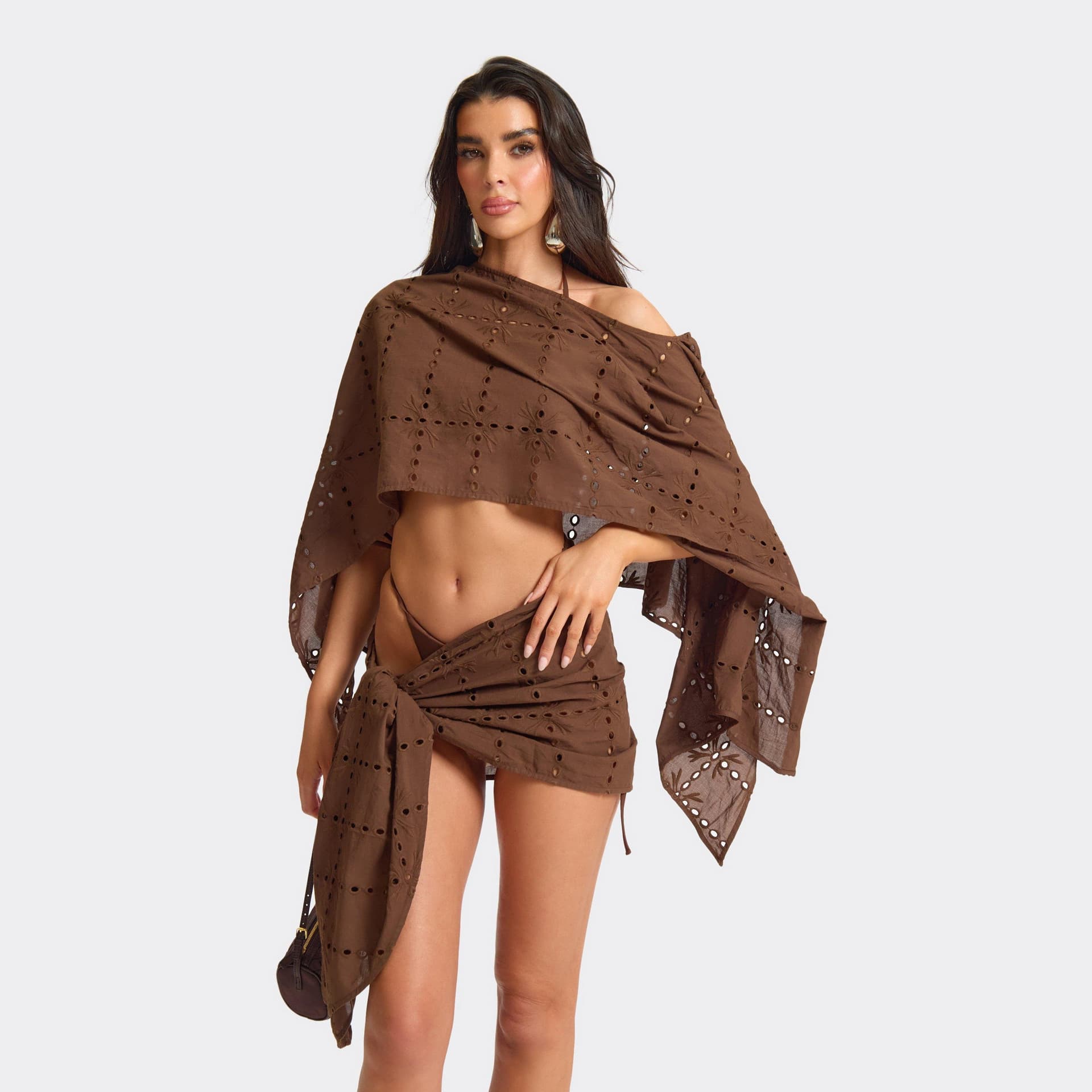 EGO Off The Shoulder Broderie Cape Top In Brown, Women's Size UK L