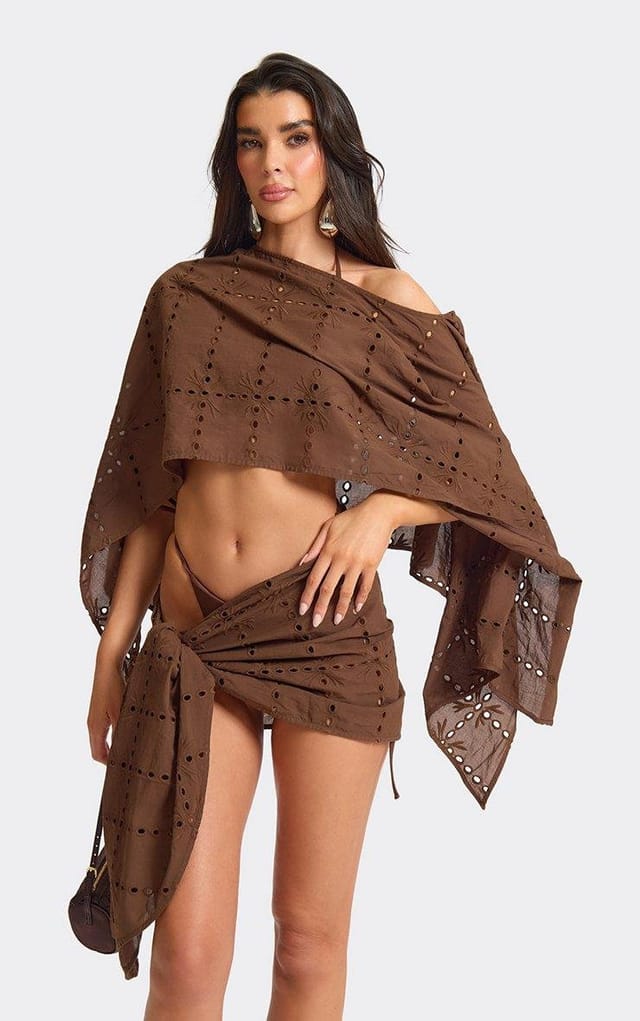 EGO Off The Shoulder Broderie Cape Top In Brown, Women's Size UK L - 2