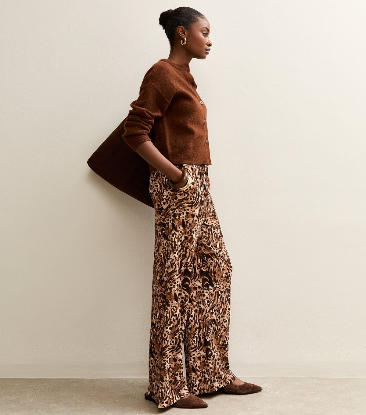 New Look Brown Tiger Print Wide Leg Trousers