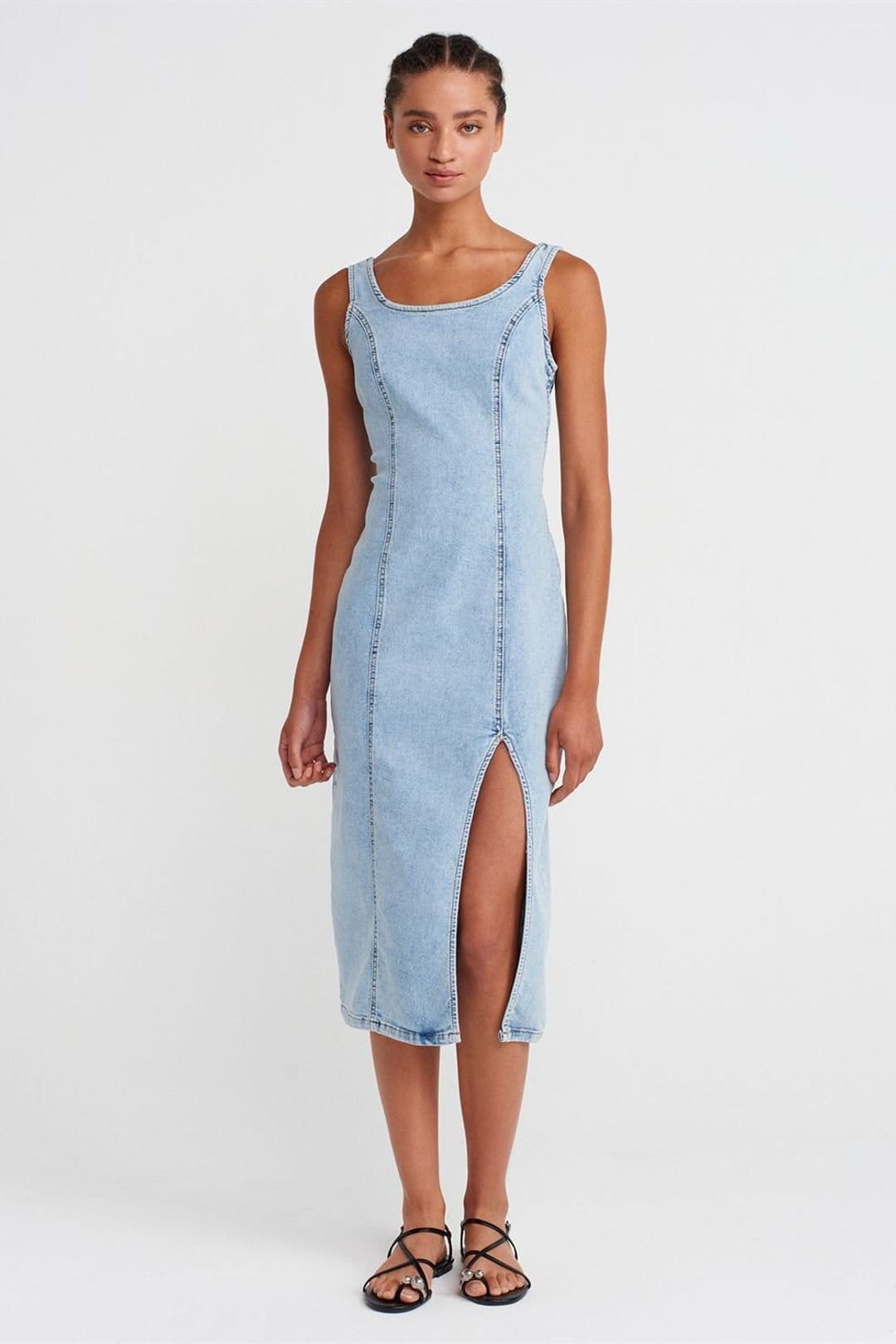 Dilvin Light Blue Bodycon Midi Denim Dress