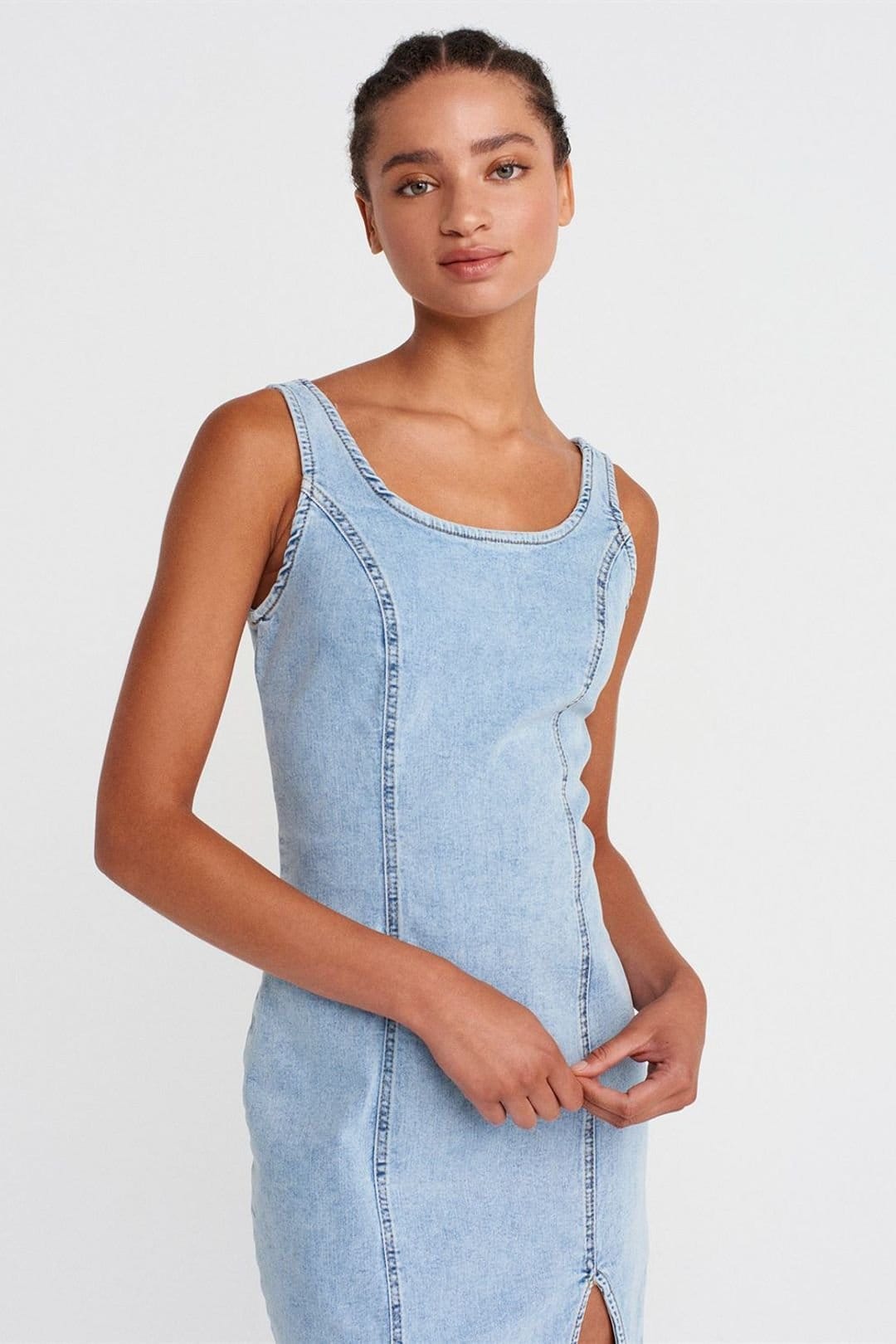 Dilvin Dilvin Women's Midi Bodycon Denim Dress in Light Blue - 4